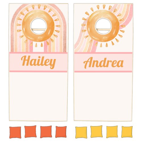 Cute Boho Rainbow Sun Sisters Custom Cornhole Set