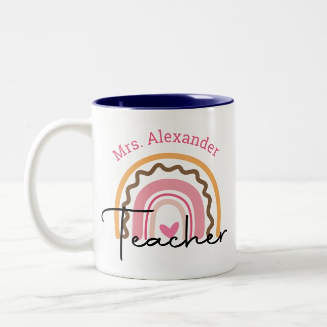 Cute Boho Rainbow Teacher Appreciation Monogram Two-Tone Coffee Mug (Left)