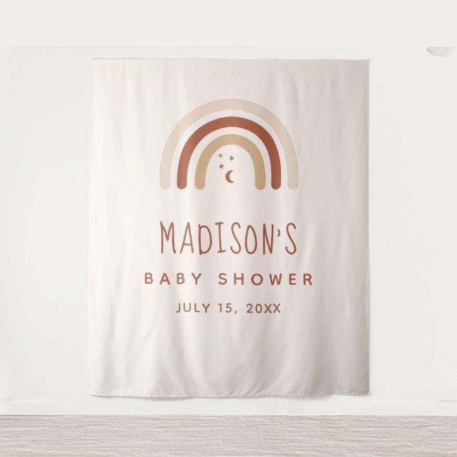 Cute Boho Rainbow Terracotta Baby Shower Moon Star Tapestry (Front)