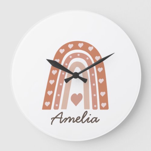 Cute boho rainbow with hearts and name  large clock