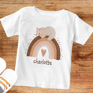 Cute Boho Rainbow with Sleeping Hippo Monogram Baby T-Shirt