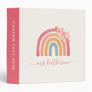 Cute Boho Rainbow with Watercolor Floral Teacher's 3 Ring Binder