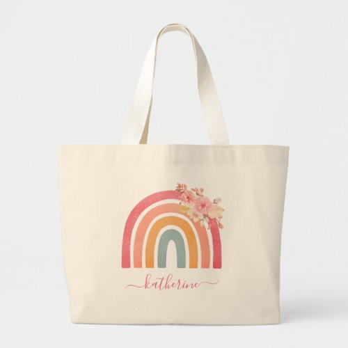 Cute Boho Rainbow with Watercolor Florals Large Tote Bag