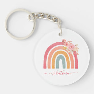 Cute Boho Rainbow with Watercolor Pink Florals Keychain
