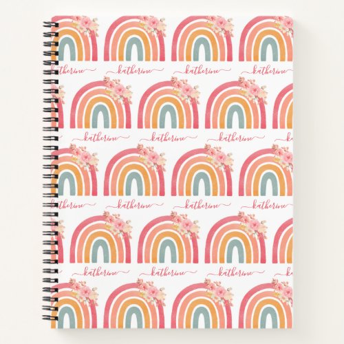 Cute Boho Rainbow with Watercolor Pink Florals Notebook