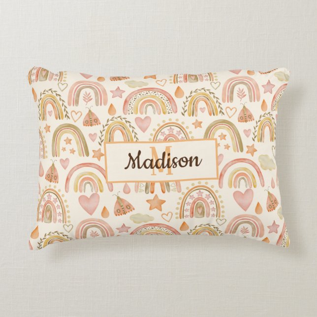 Cute Boho Rainbows Pattern Custom Monogram Name Accent Pillow (Front)