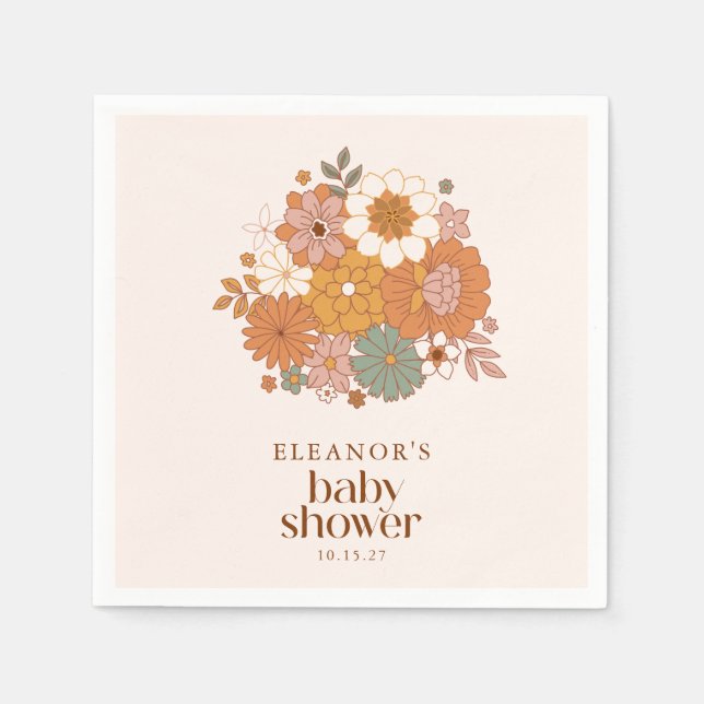 Cute Boho Retro Floral Baby Shower Custom Name Napkins (Front)