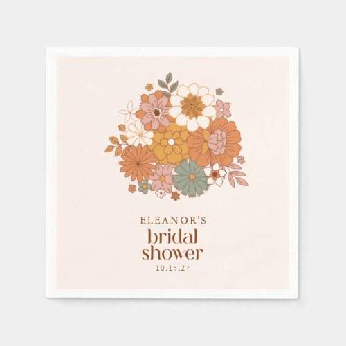 Cute Boho Retro Floral Bridal Shower Custom Name Napkins