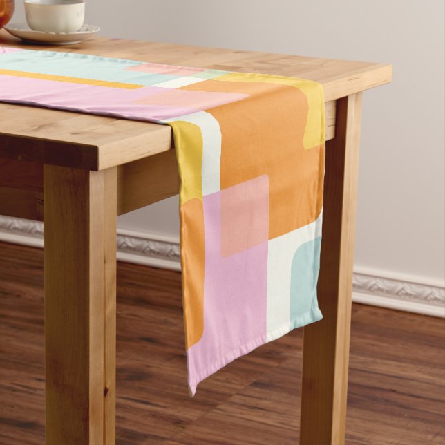 Cute Boho Retro Pastel Geometric Shape Art Short Table Runner (In Situ)