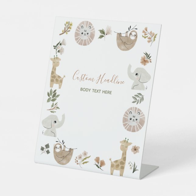 Cute Boho Safari Anamials Baby Shower Custom Pedestal Sign (Front)