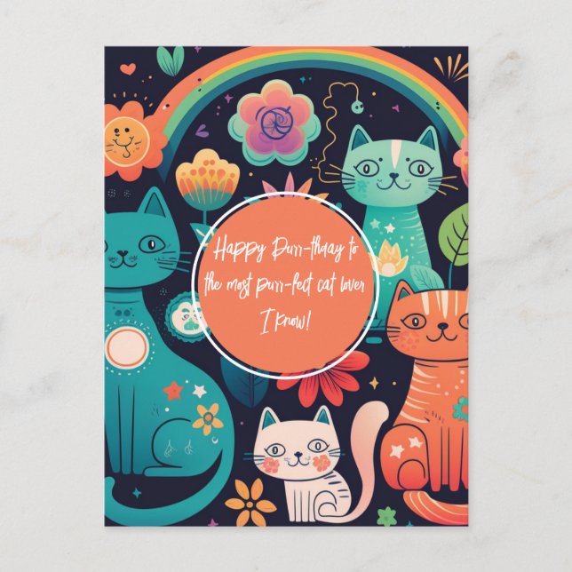 Cute Boho Style Cat Birthday Postcard (Front)
