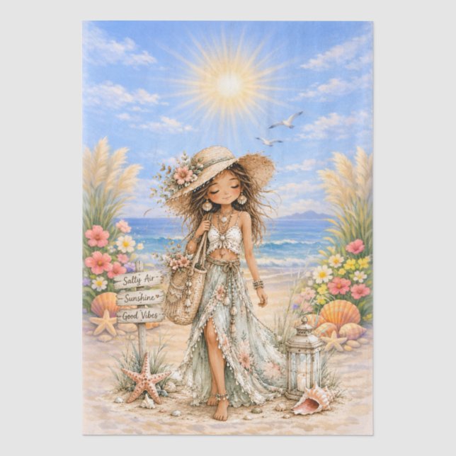 Cute Boho Style Girly Beach Scene Decoupage  Tissue Paper (Front)