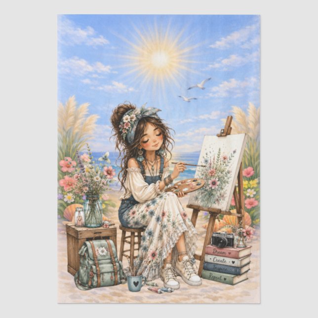 Cute Boho Style Girly Beach Scene Decoupage  Tissue Paper (Front)