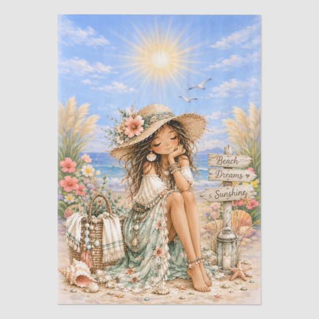 Cute Boho Style Girly Beach Scene Decoupage  Tissue Paper (Front)