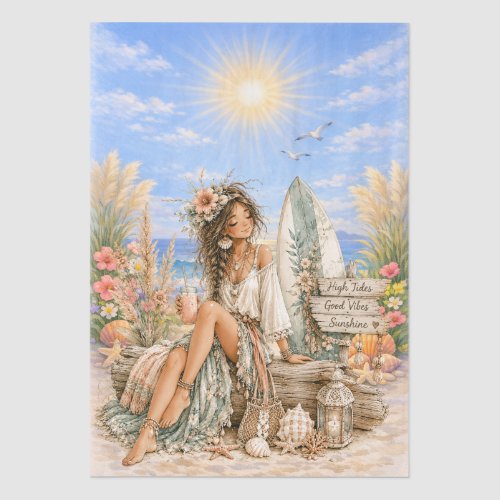 Cute Boho Style Girly Beach Scene Decoupage  Tissue Paper