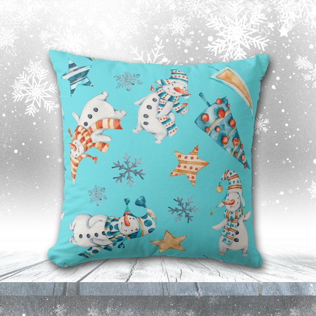 Cute Boho Style Snowmen Pattern Throw Pillow (Creator Uploaded)