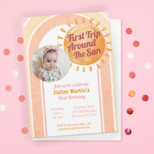 Cute Boho Sun Girls First Birthday Photo Invitation