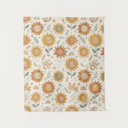 Cute Boho Sunflower Sun & Rainbow Seamless Pattern Tapestry
