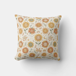 Cute Boho Sunflower Sun & Rainbow Seamless Pattern Throw Pillow