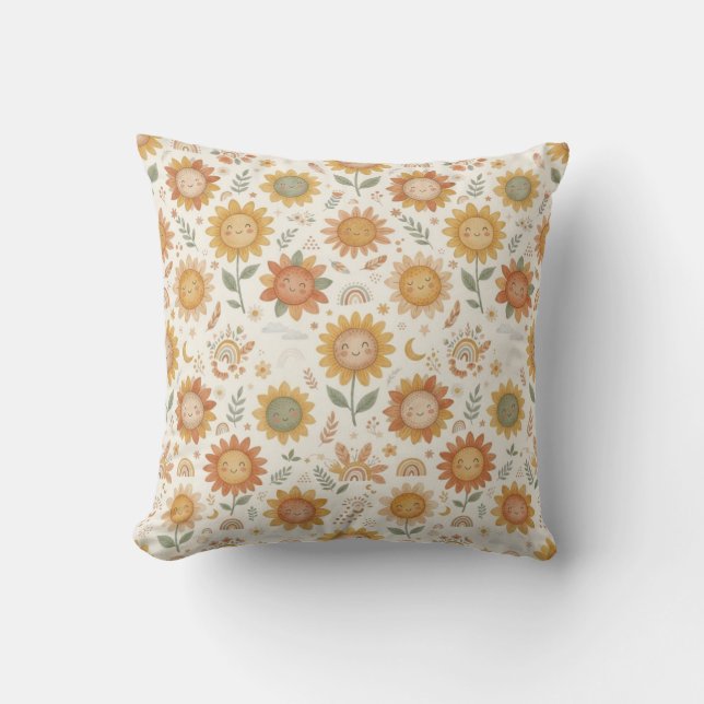 Cute Boho Sunflower Sun & Rainbow Seamless Pattern Throw Pillow (Front)