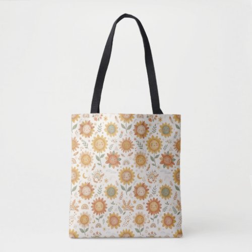 Cute Boho Sunflower Sun & Rainbow Seamless Pattern Tote Bag