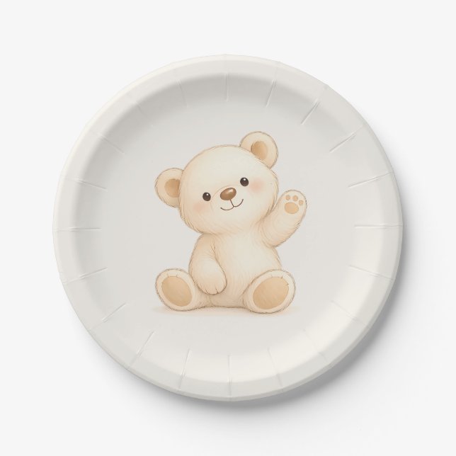 Cute Boho Teddy Bear Baby Shower Neutral Paper Plates (Front)