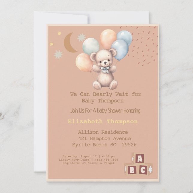 Cute Boho Teddy Bear Balloons  Baby Shower   Invitation (Front)