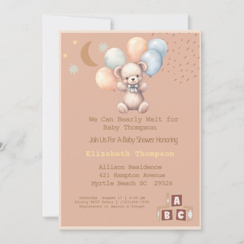 Cute Boho Teddy Bear Balloons  Baby Shower   Invitation
