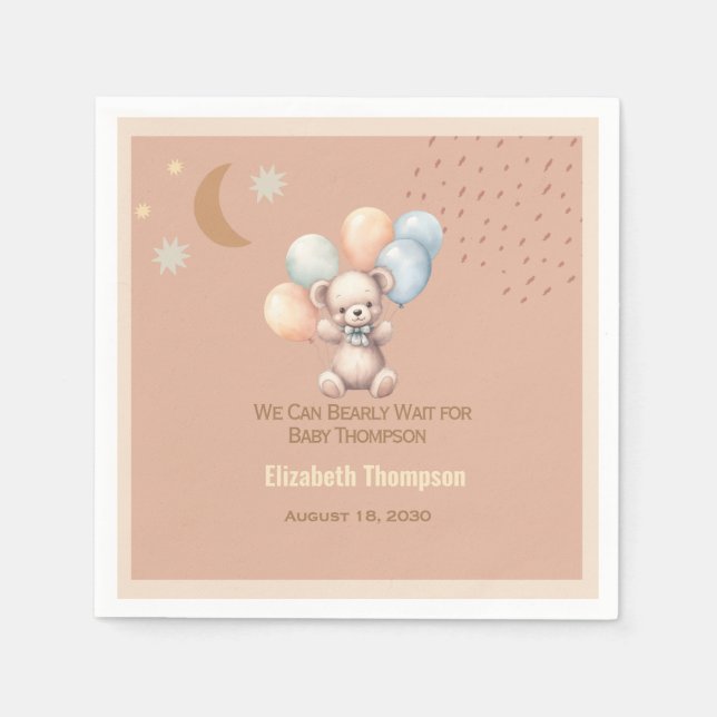 Cute Boho Teddy Bear Balloons  Baby Shower   Napkins (Front)