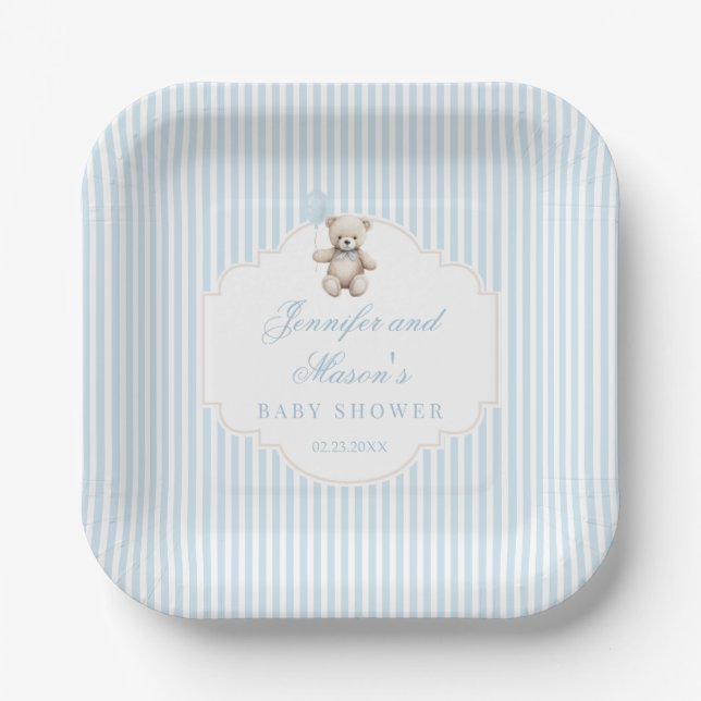Cute boho teddy bear blue balloon baby boy shower paper plates (Front)