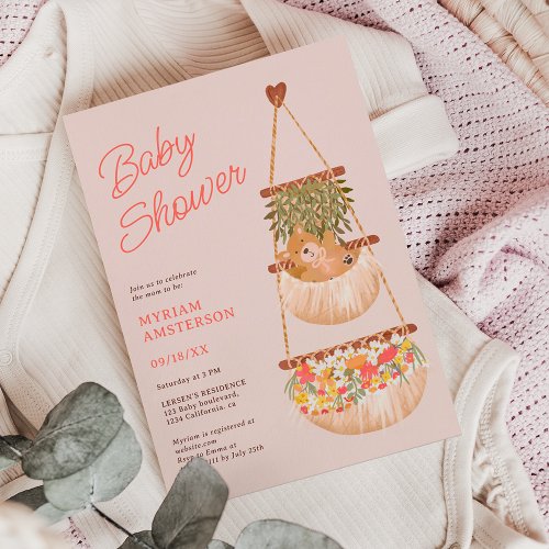 Cute boho teddy bear gender neutral baby shower invitation