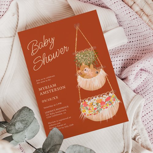 Cute boho teddy bear gender neutral baby shower invitation