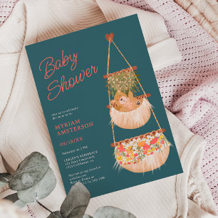 Cute boho teddy bear gender neutral baby shower invitation