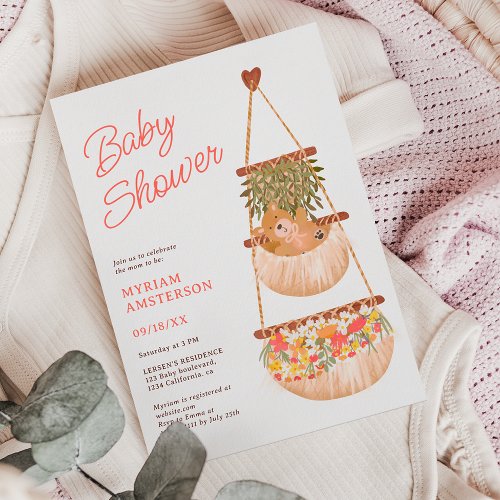 Cute boho teddy bear gender neutral baby shower invitation