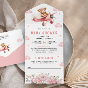Cute Boho Teddy Bear Pink Airplane Baby Shower All In One Invitation