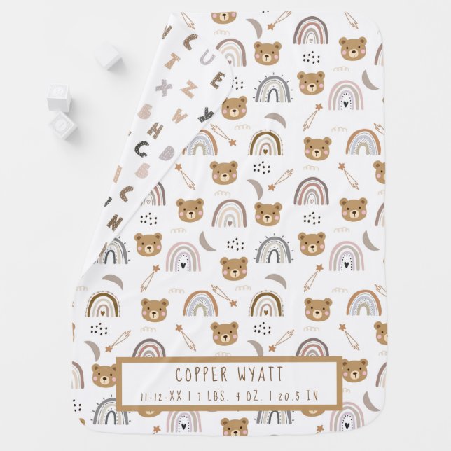 Cute Boho Teddy Bear Rainbow Alphabets Birth Stats Baby Blanket (In Situ)