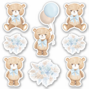 Cute Boho Teddy Bear with Pastel Blue Balloon Sticker