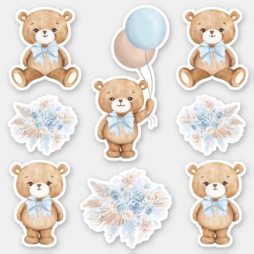 Cute Boho Teddy Bear with Pastel Blue Balloon Sticker
