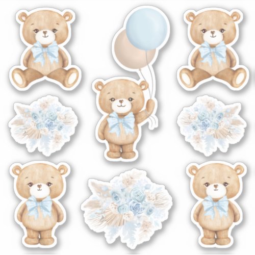 Cute Boho Teddy Bear with Pastel Blue Balloon Sticker