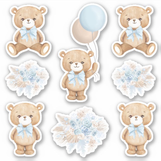Cute Boho Teddy Bear with Pastel Blue Balloon Sticker (Front)