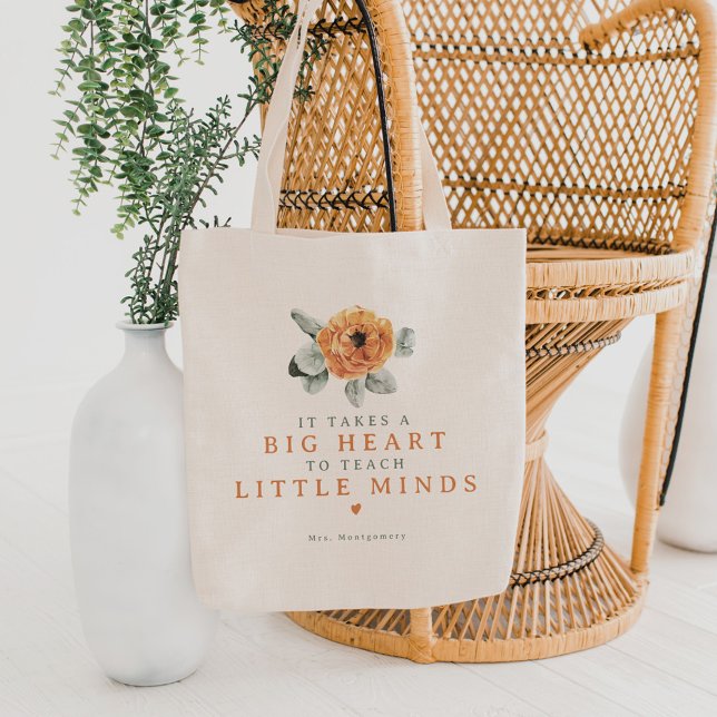 Cute Boho Terracotta Floral Big Heart Teacher Gift Tote Bag (Creator Uploaded)