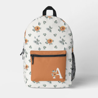 Cute Boho Terracotta Floral Greenery Monogram Printed Backpack