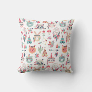 Cute Boho Tribal Woodland Animals Pattern Throw  Pillow