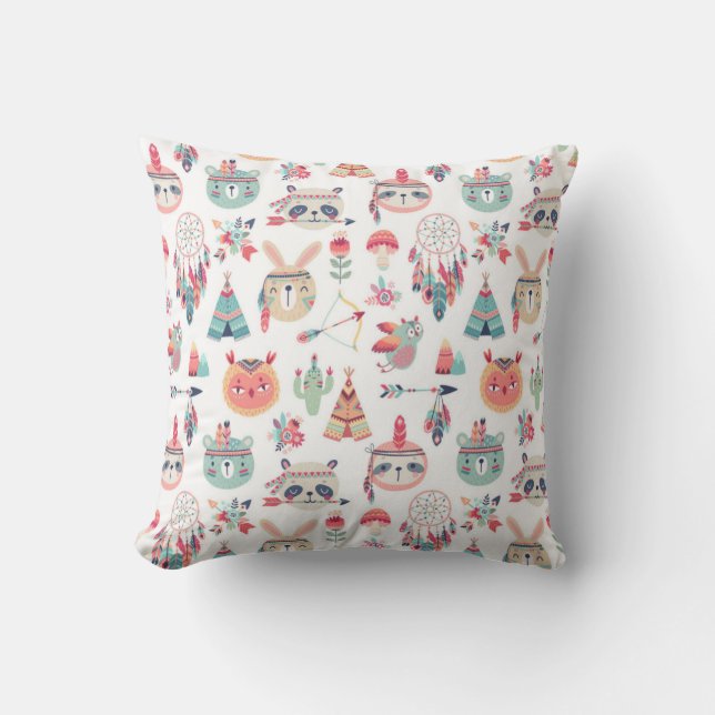 Cute Boho Tribal Woodland Animals Pattern Throw  Pillow (Front)