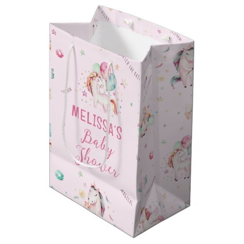 Cute Boho Unicorns Floral Pink Baby Shower Medium Gift Bag