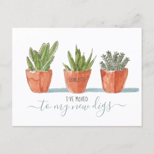 Cute Boho Watercolor Cactus Succulents Ive Moved Announcement Postcard
