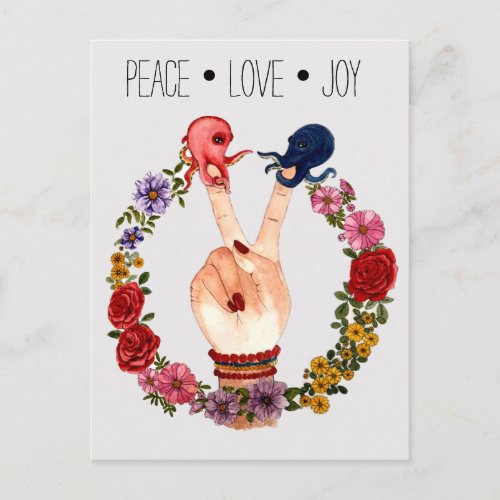 Cute Boho Watercolor Floral Octopus Peace Love Joy Postcard