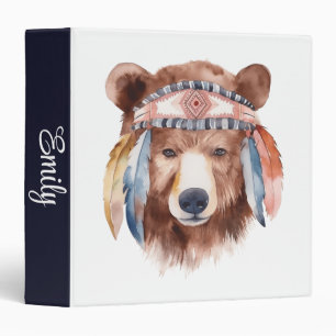 Cute boho watercolor hippie bear design 3 ring binder
