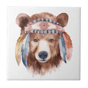 Cute boho watercolor hippie bear design ceramic tile