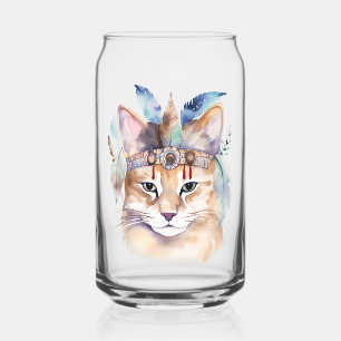 Cute boho watercolor hippie cat design can glass